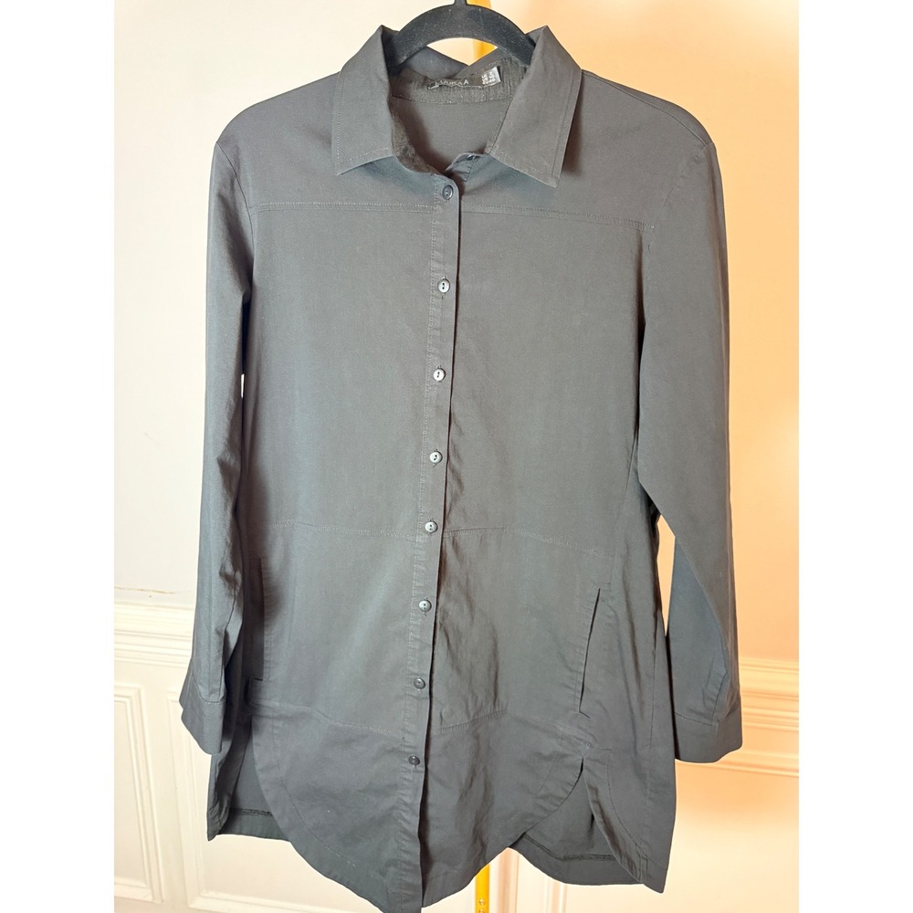 Luukaa Black Button Down Tunic Shirt Longline Pleated Back Size 2 US 10